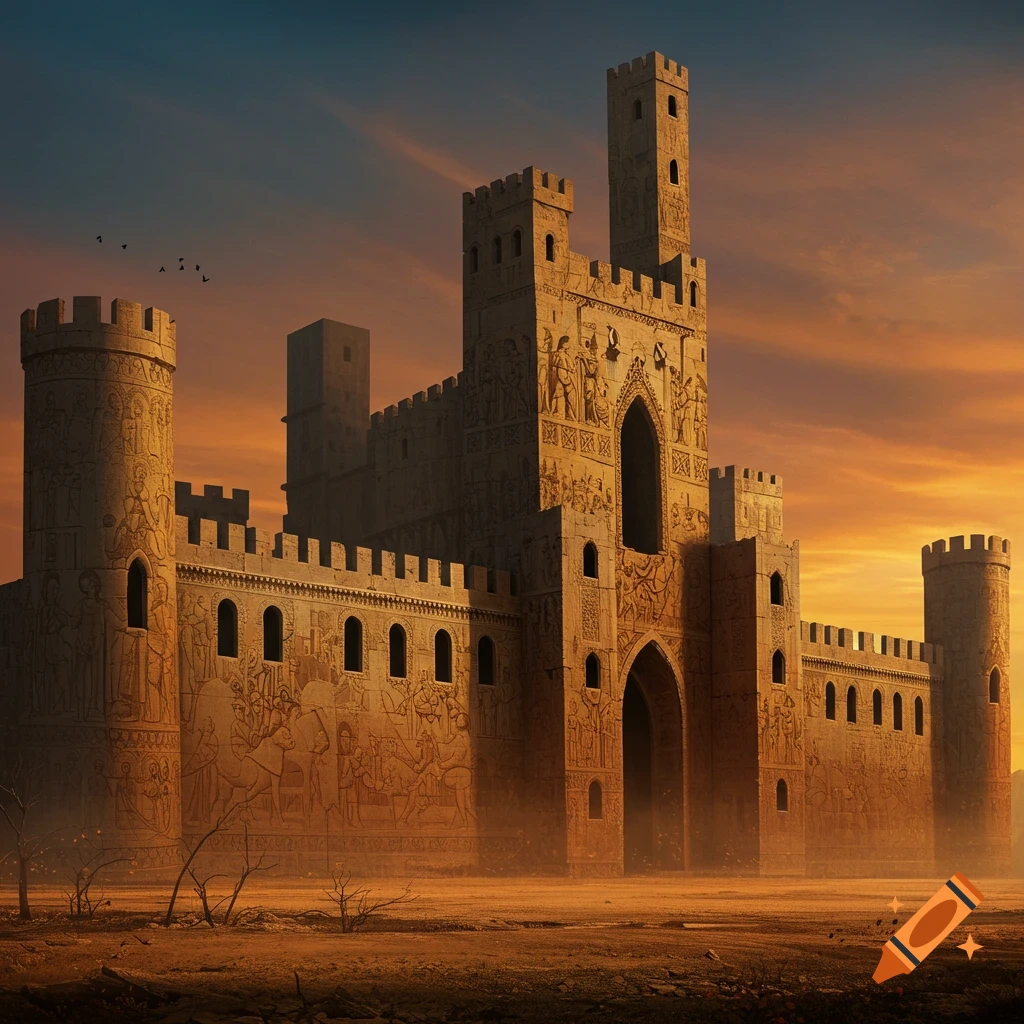 An ancient palace with relief carvings under a sunset sky in a desert landscape
