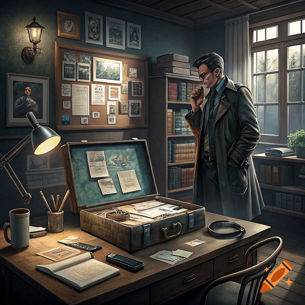 Man in detective's office looks at documents in an open briefcase on a desk, surrounded by books and notes.