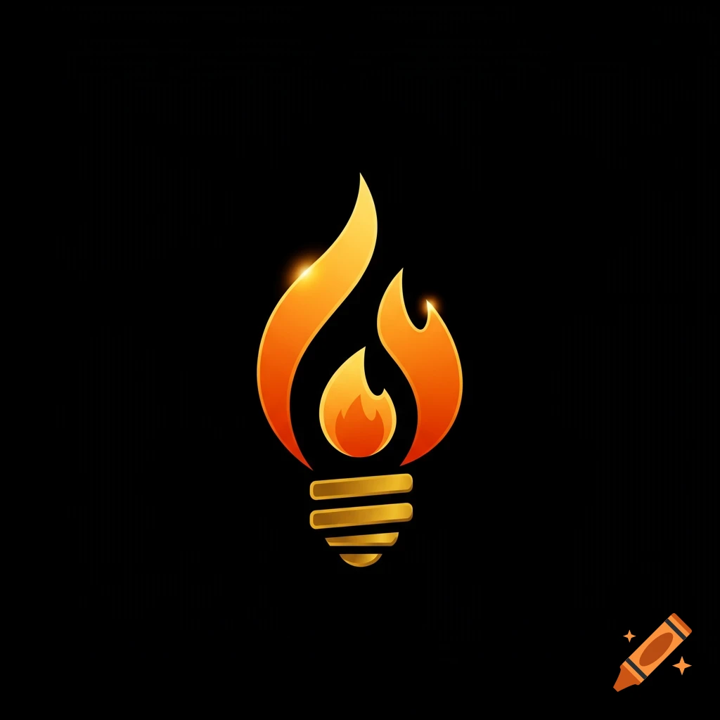 A stylized orange and gold logo of a flame rising from a lightbulb base on a black background.