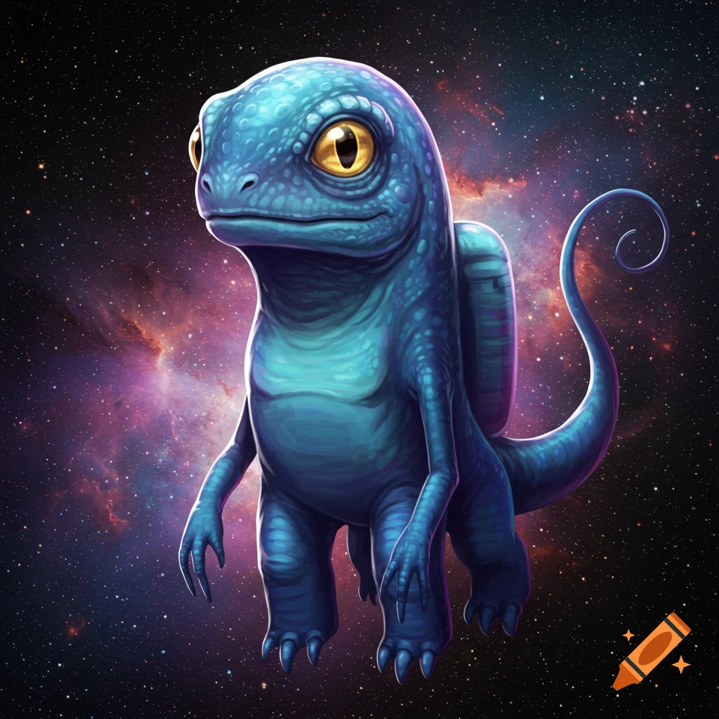 A blue lizard-like creature with big yellow eyes and a backpack floats in space.