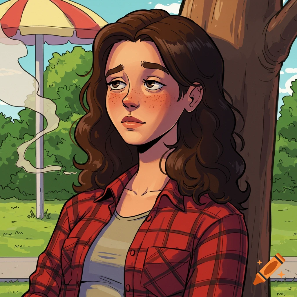 Illustration of a young woman with freckles and wavy hair wearing a red plaid shirt, leaning against a tree in a park.