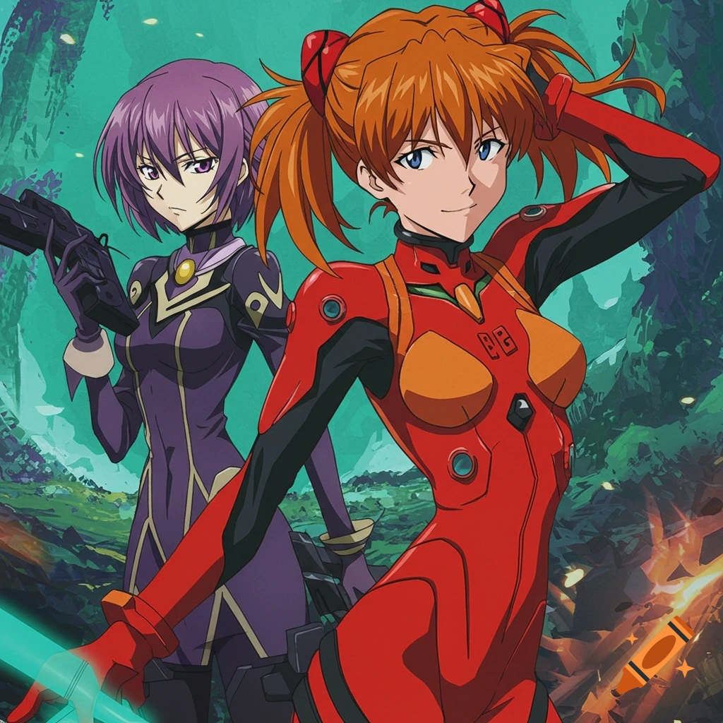 Two anime characters in red and purple pilot suits stand in a forest background