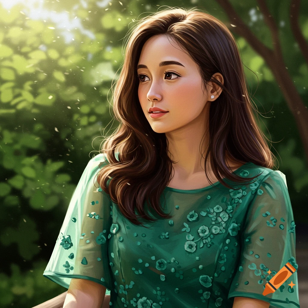 A woman in a green dress outdoors