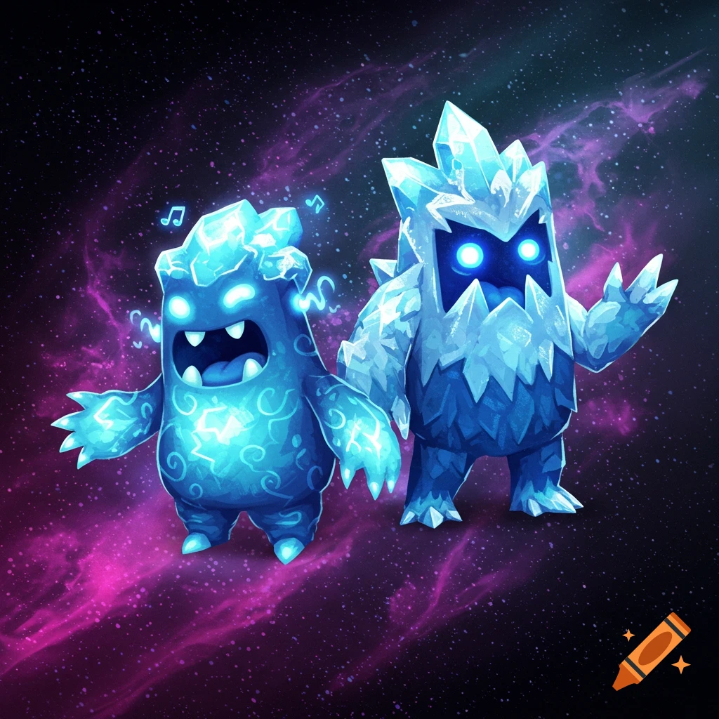 Two stylized ice/crystal monsters against a starry nebula background.