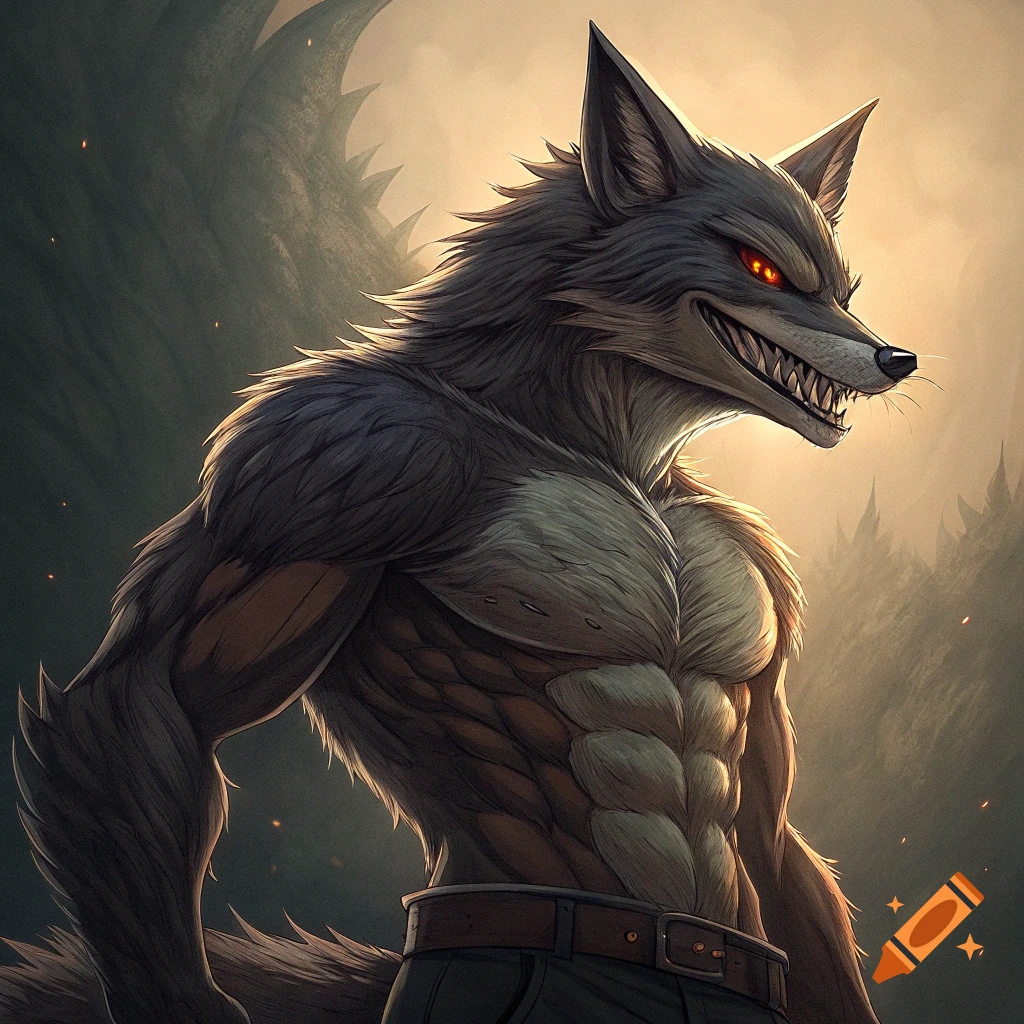 A muscular creature with red eyes and sharp teeth stares menacingly in a forest.