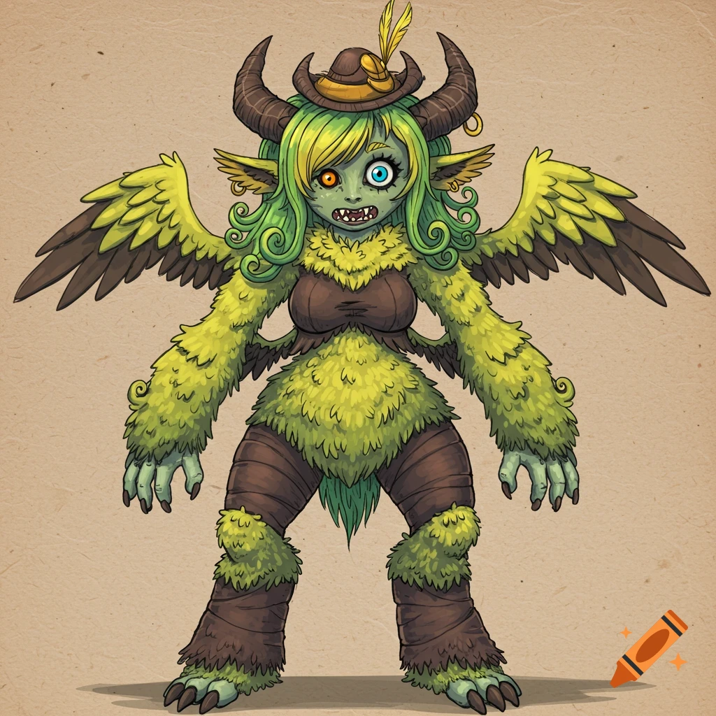 Illustration of a green furry monster with horns, wings, different colored eyes, and a hat.