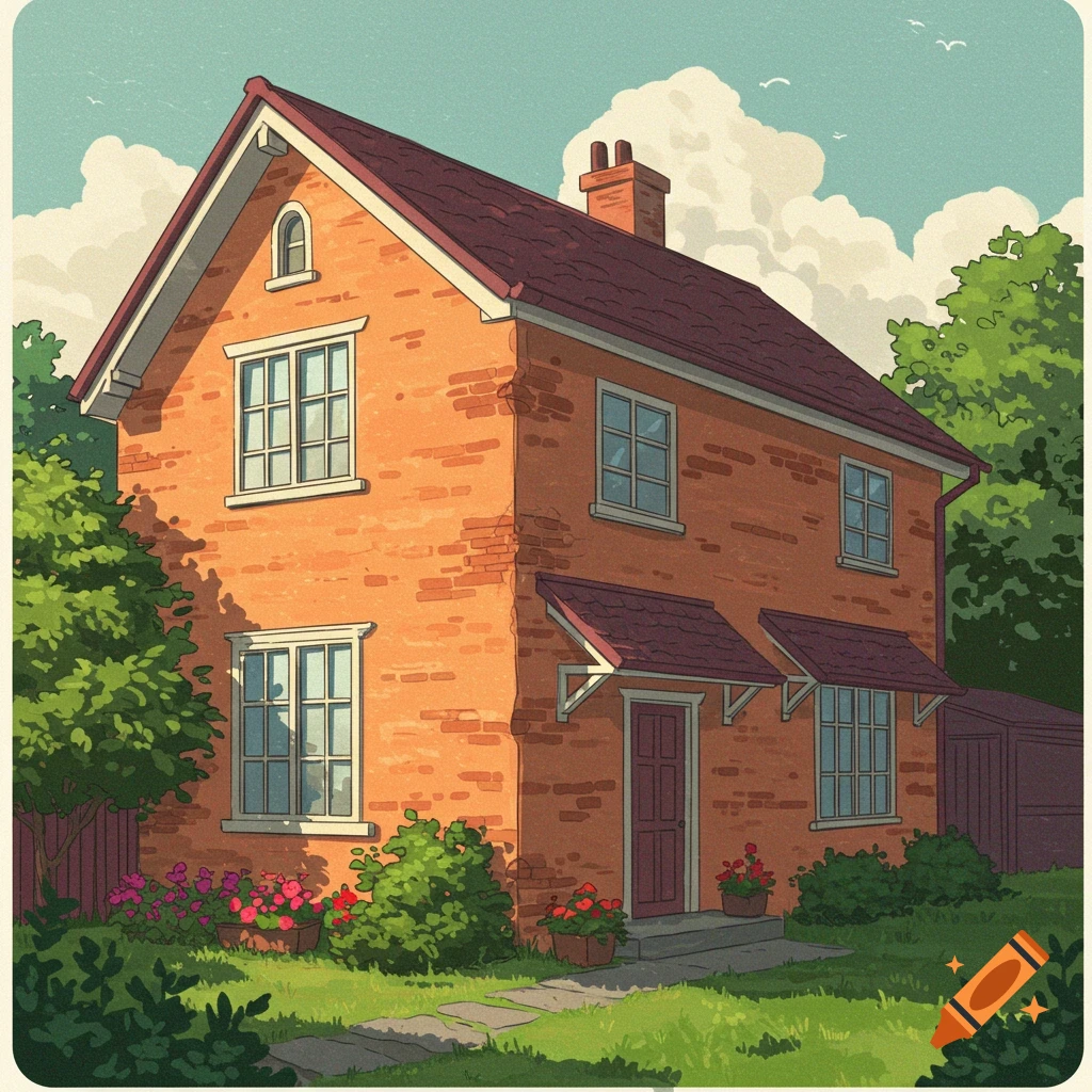 A stylized illustration of a brick house with a red roof and white trim, surrounded by green bushes, trees, and flowers under a partly cloudy sky.