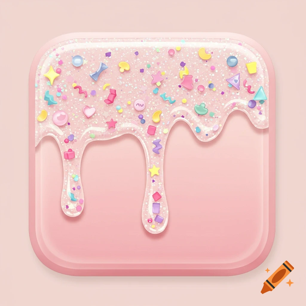 Square app icon with pink glitter slime dripping down, filled with colorful confetti shapes