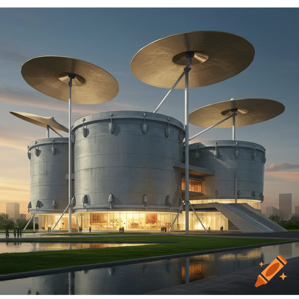 A modern building shaped like drums with large circular cymbal-like roofs against a sunset sky.