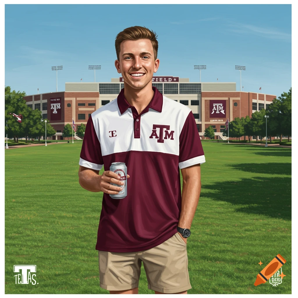 A young man holding a can in front of a stadium, wearing a maroon and white Texas A&M polo.