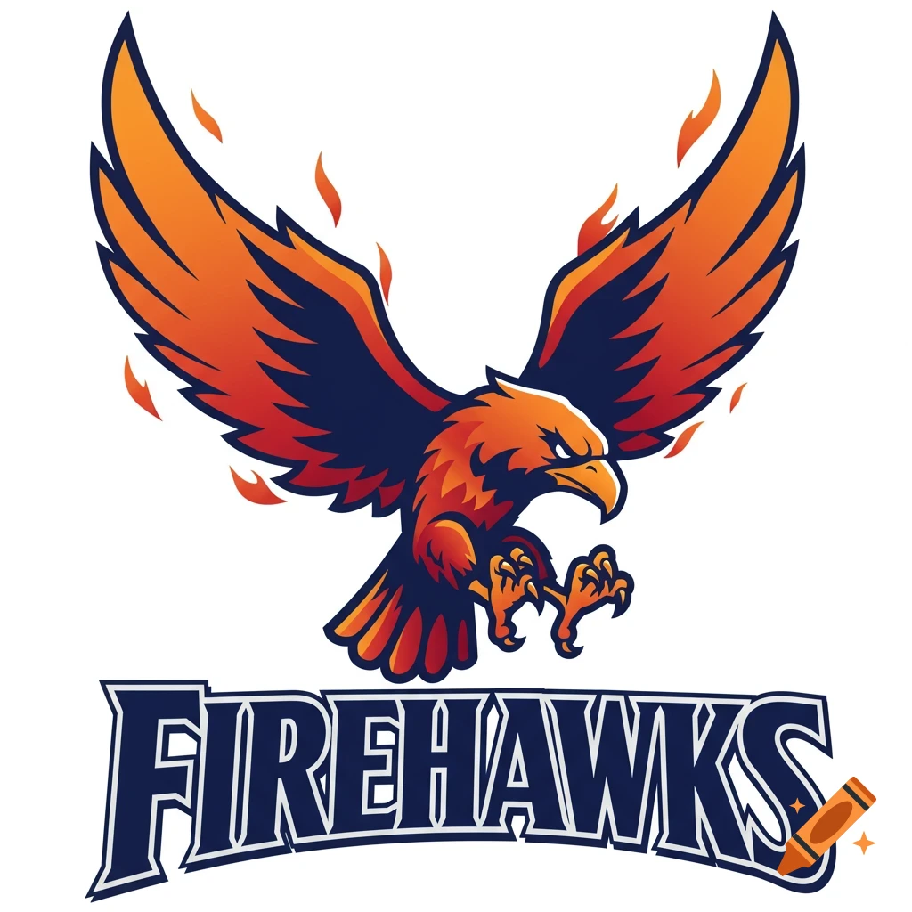 A stylized navy blue and orange eagle or firehawk logo with the text 'FIREHAWKS' below it.