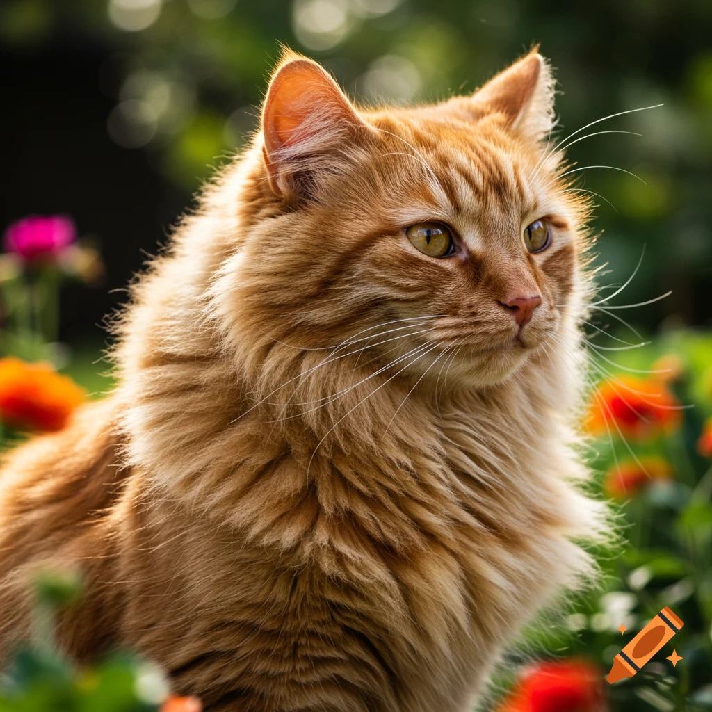 Close-up of an orange cat in a sunny garden with flowers