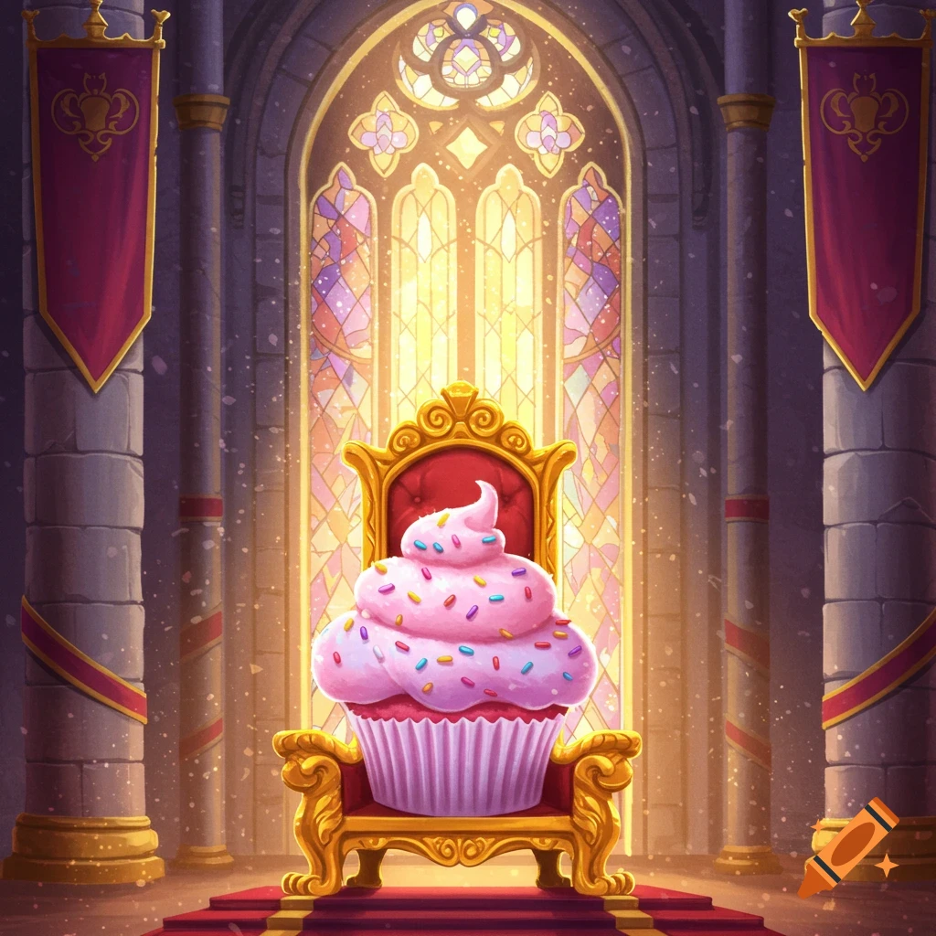 A giant cupcake sits on a golden throne in a castle hall with stained glass windows.