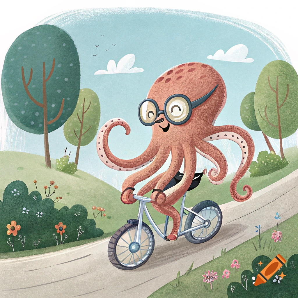 Cartoon octopus riding a bicycle on Craiyon