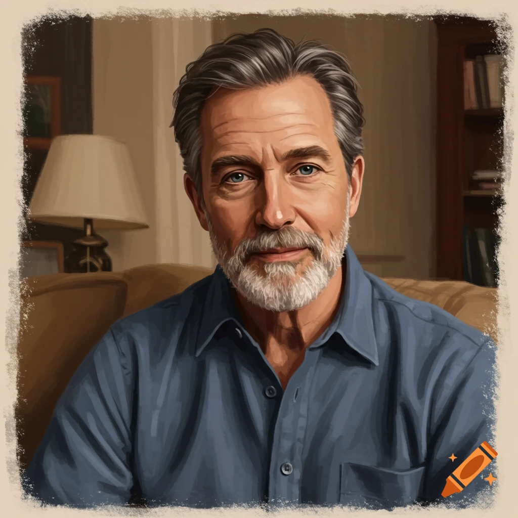 A portrait of an older man with gray hair and beard wearing a blue shirt.