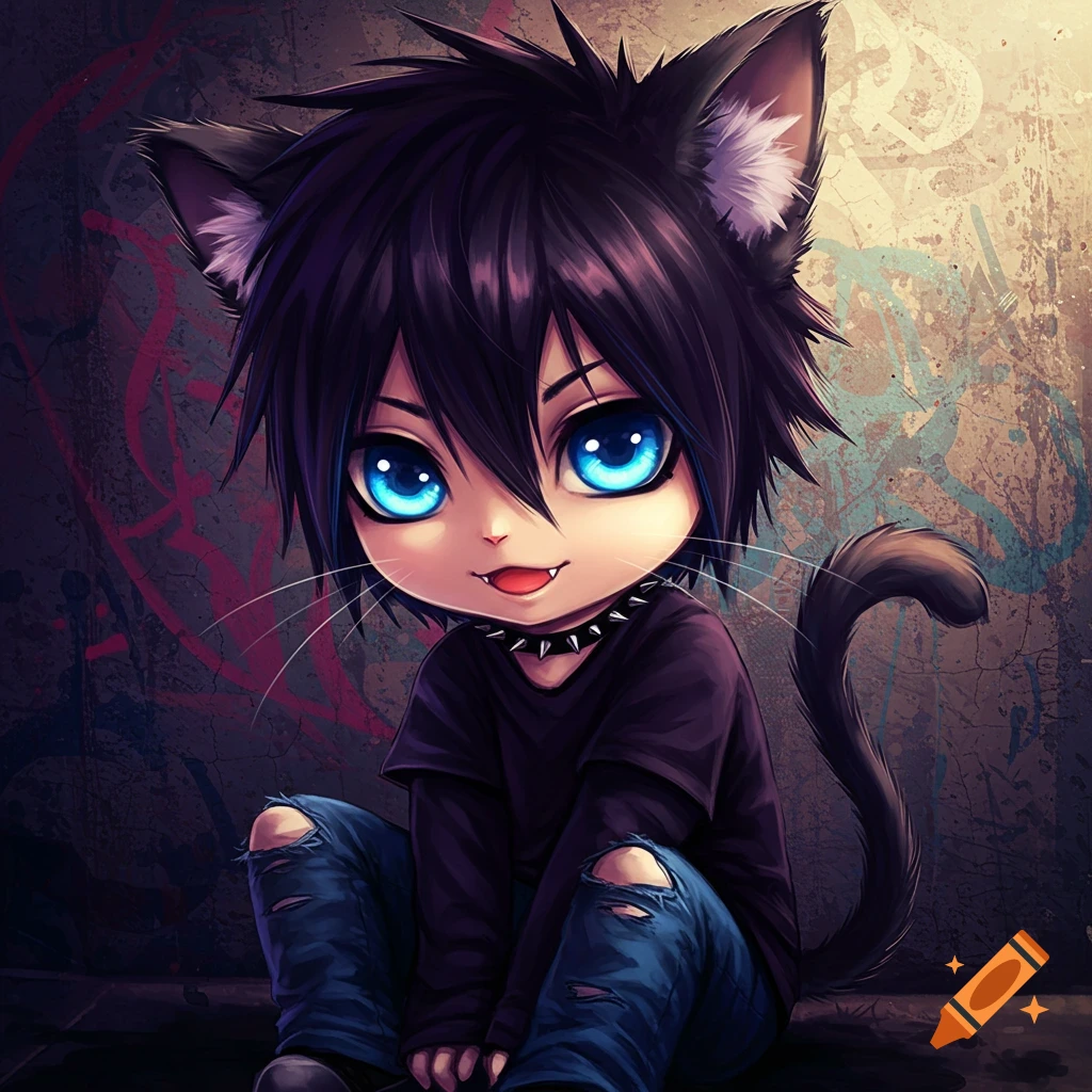 A cute, emo-styled anime cat-boy with big blue eyes sits against a graffiti wall.