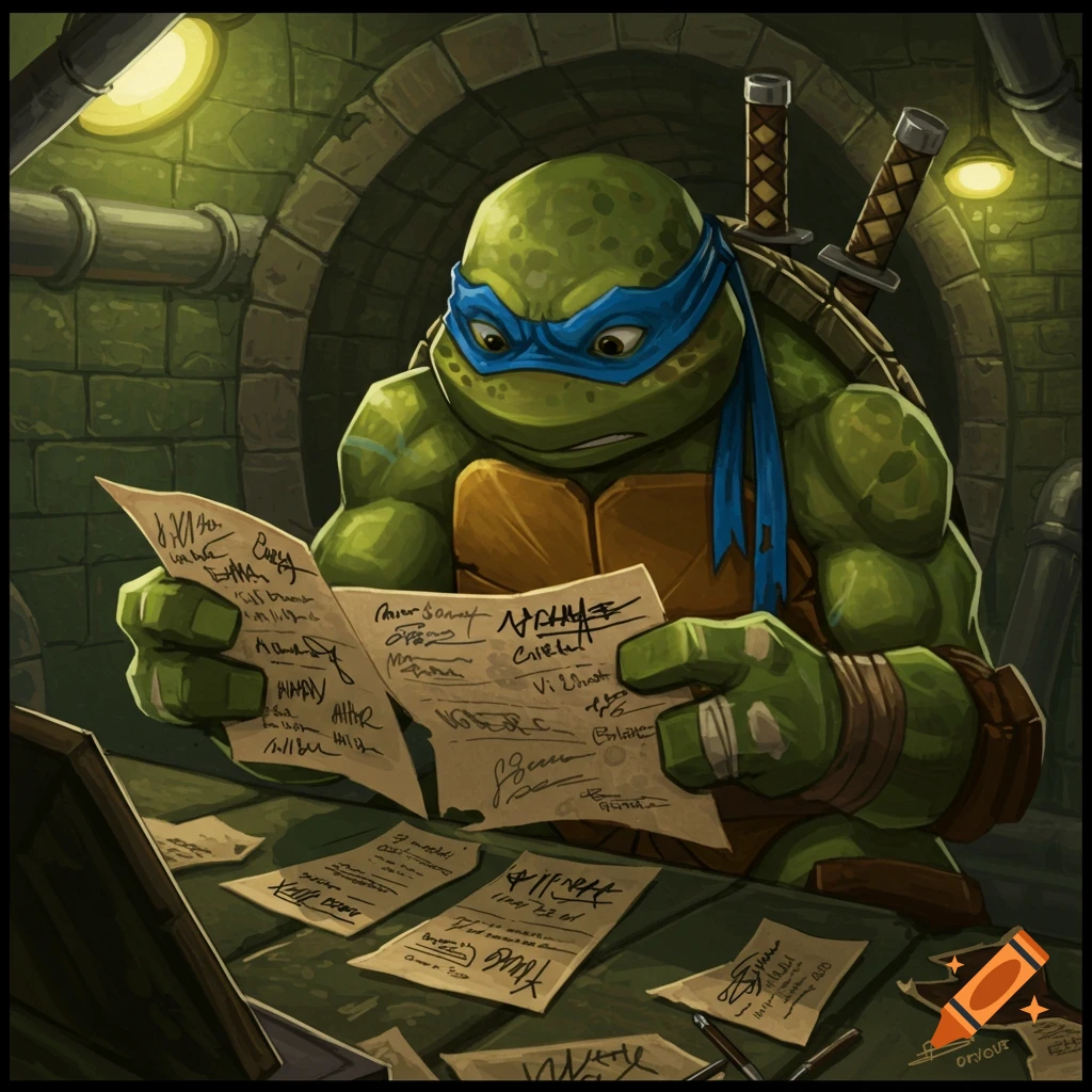 Leonardo from TMNT sitting in a sewer, looking at papers covered in signatures.