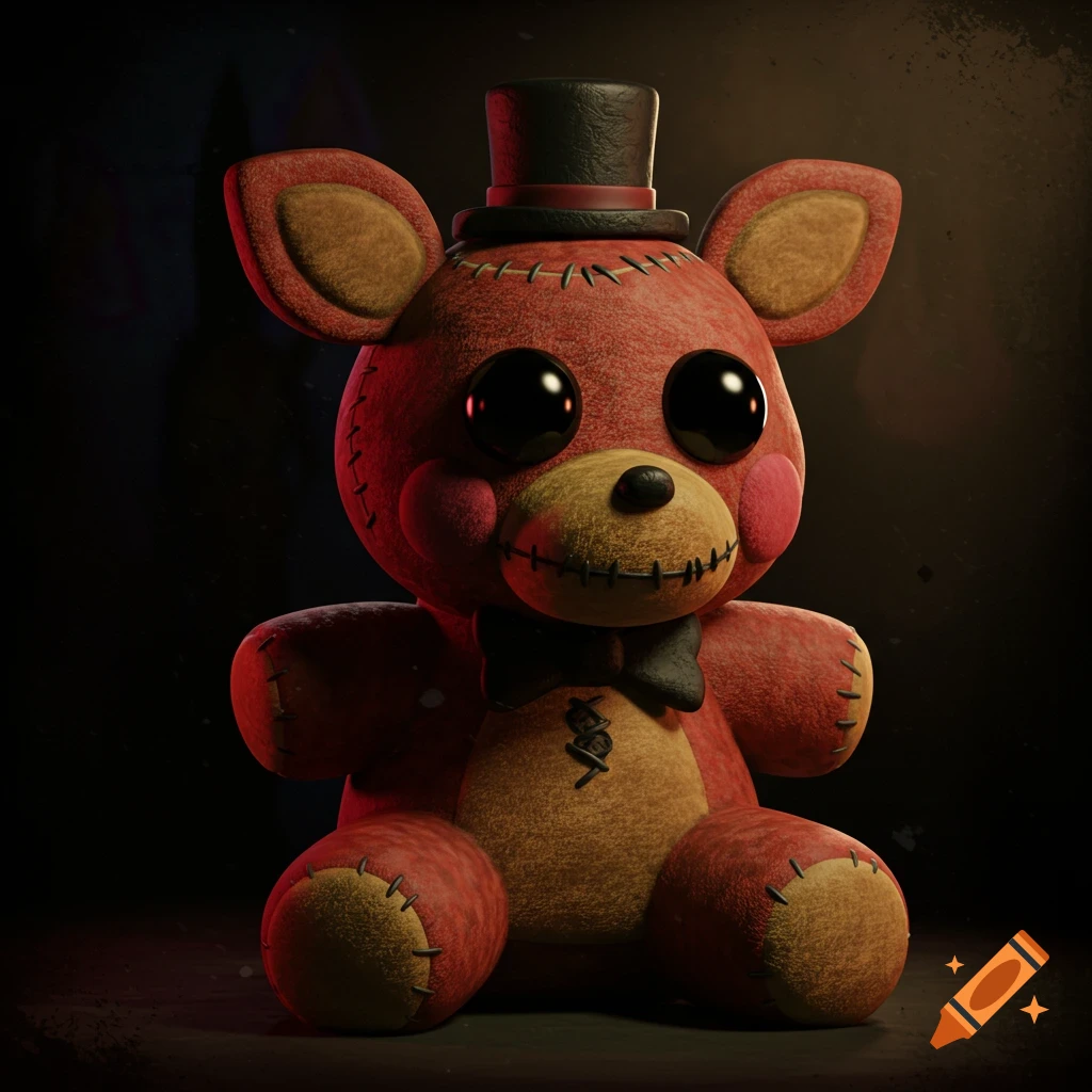 A horror-style stuffed bear with button eyes, stitched seams, and a top hat in a dimly lit room.