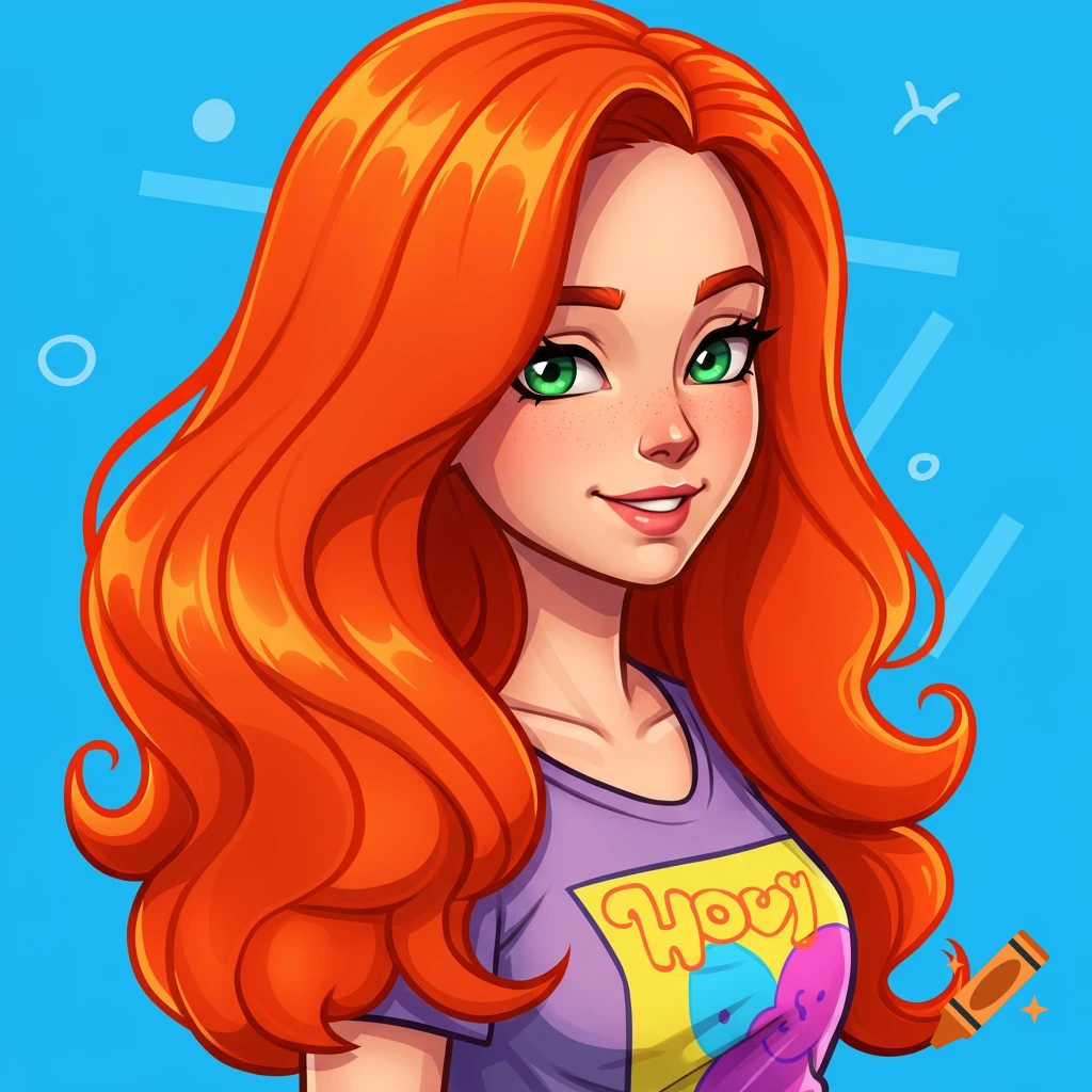 Cartoon portrait of a woman with bright orange hair and green eyes wearing a t-shirt.