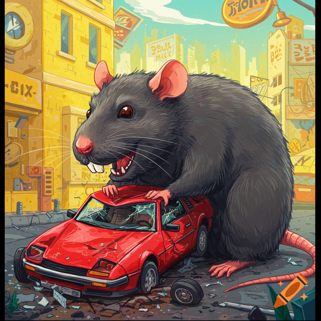 Cartoon giant rat destroying a red sports car on a city street.