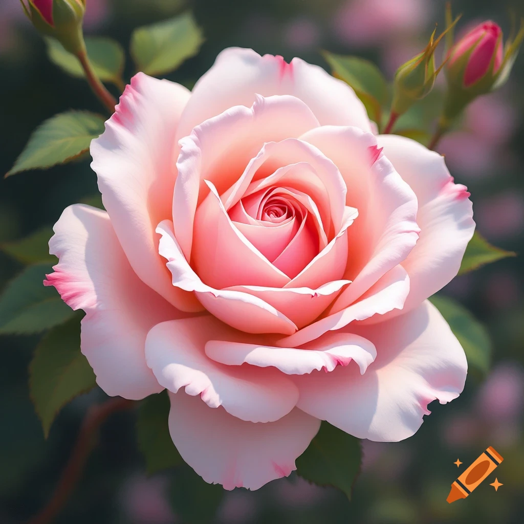 A close-up of a pale pink rose with buds and green leaves.