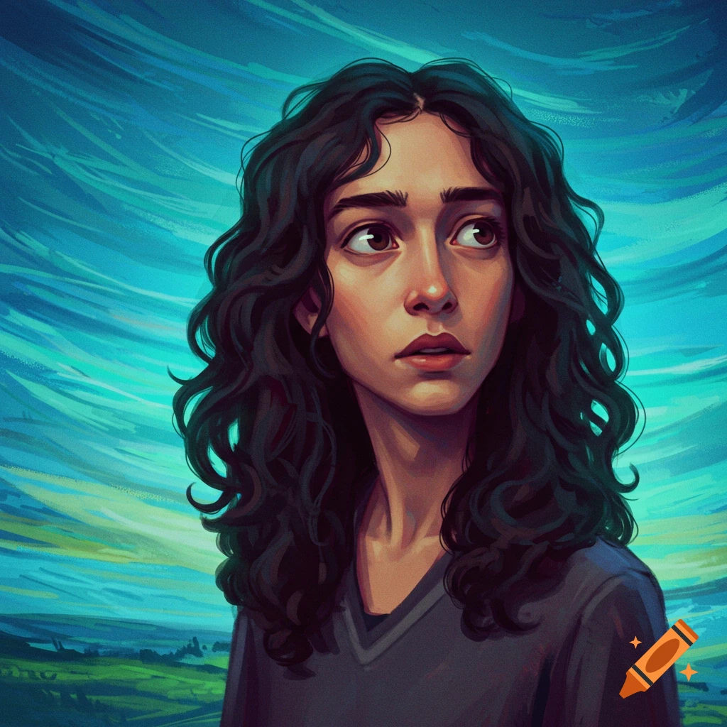 A woman looking thoughtfully upwards against a blue sky and green landscape.
