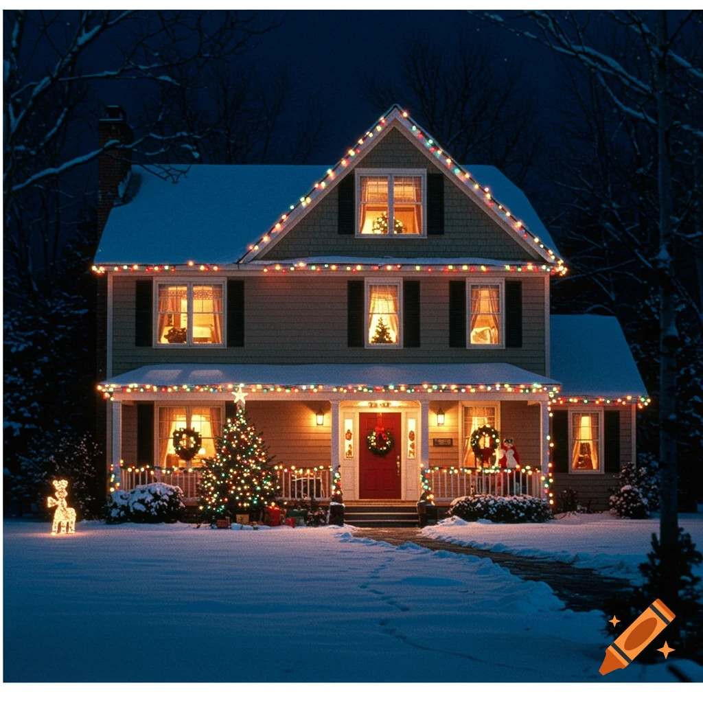 A house decorated with Christmas lights in the snow at night.