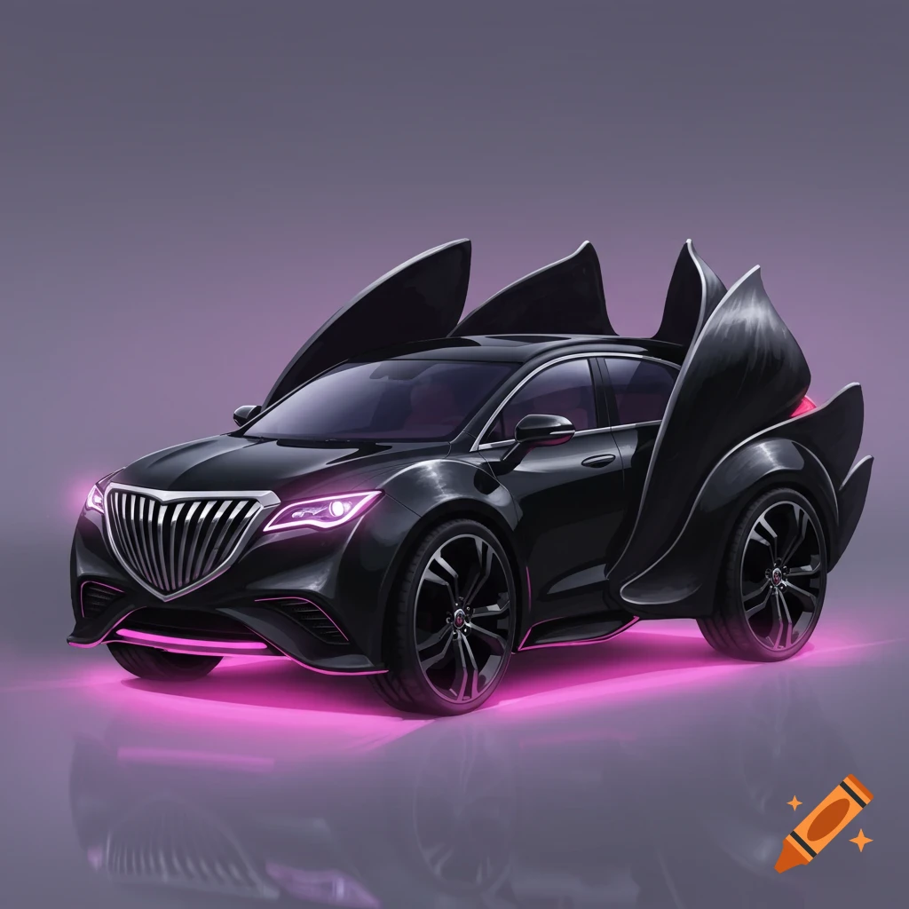 A black SUV car shaped like a flower with pink glowing lights, digital art.