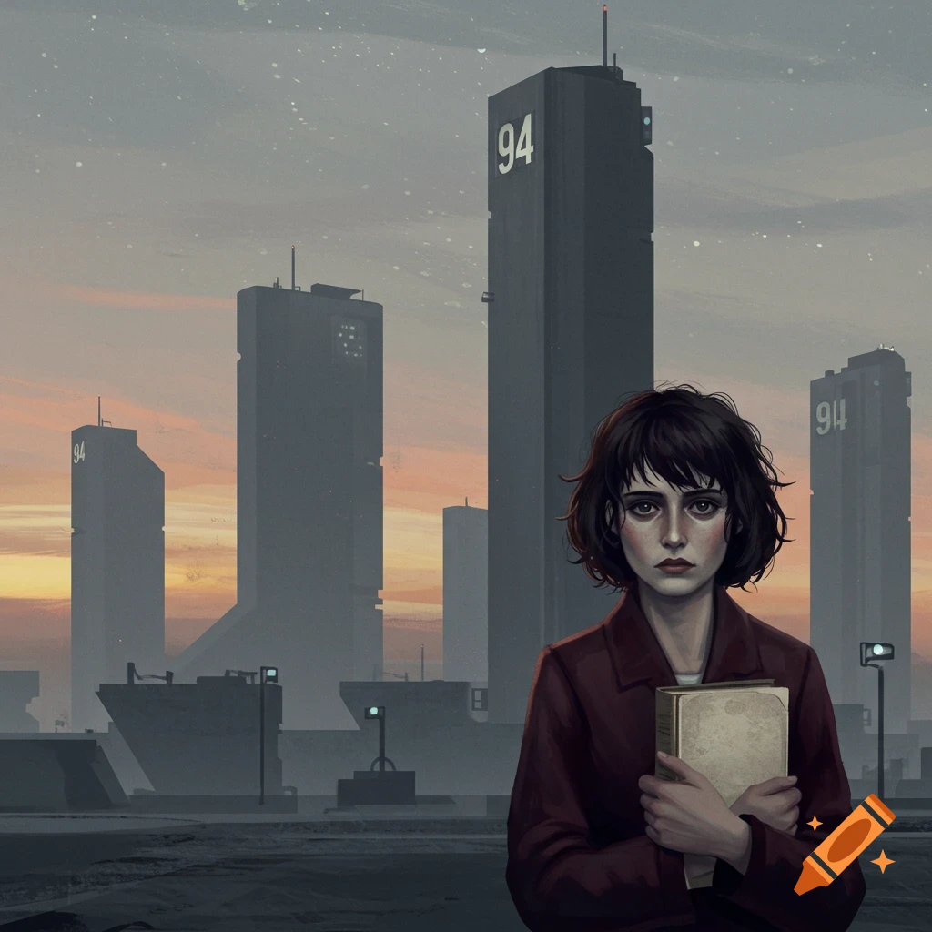 A person holding a book in a dystopian city with tall, brutalist buildings and an orange sky.