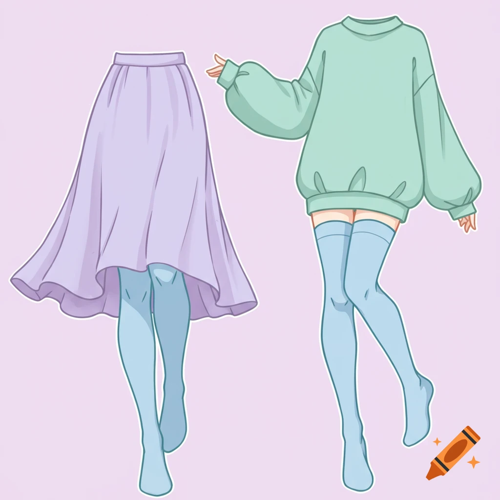 A pastel illustration of a purple skirt, a mint green sweater, and blue thigh-high socks.