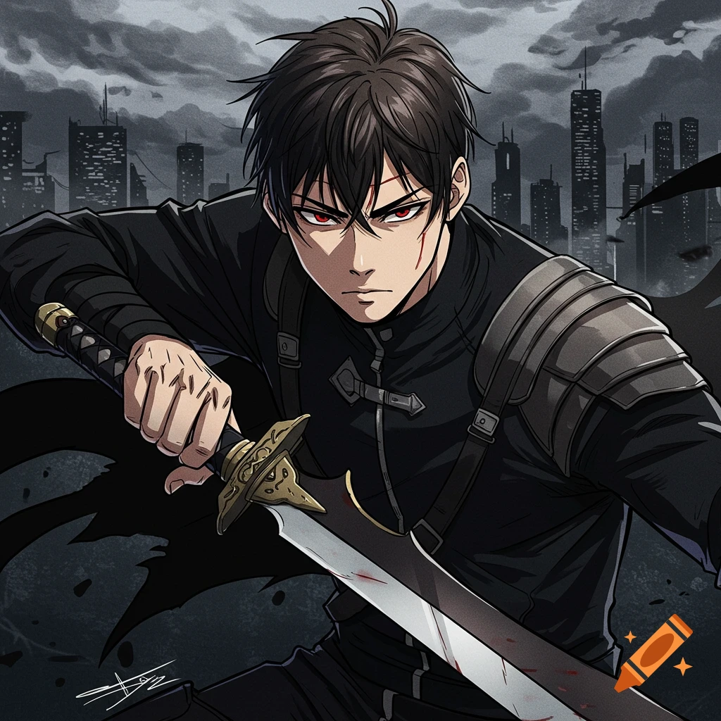 Anime style drawing of a man with a sword against a dark city background.