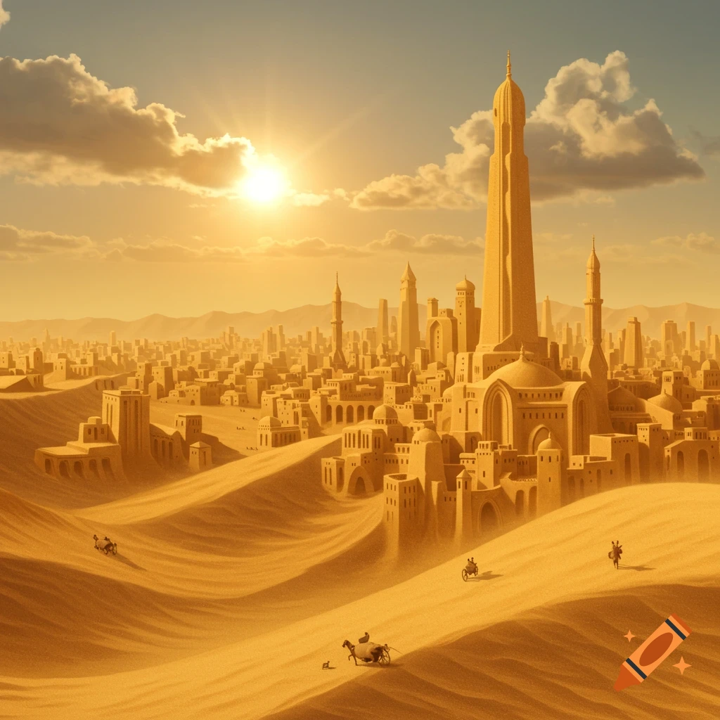 A golden city made of sand in the desert, under a bright sun.
