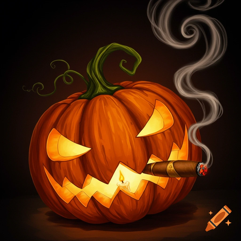 A spooky Jack-o'-lantern smoking a cigar with glowing eyes and mouth.