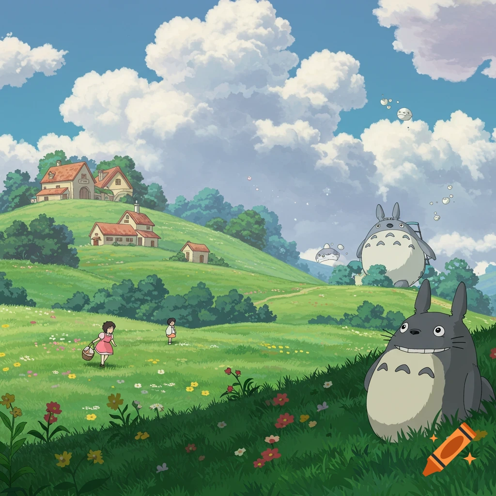 Anime illustration of characters resembling Totoro floating over a green hillside with houses and girls in a field.