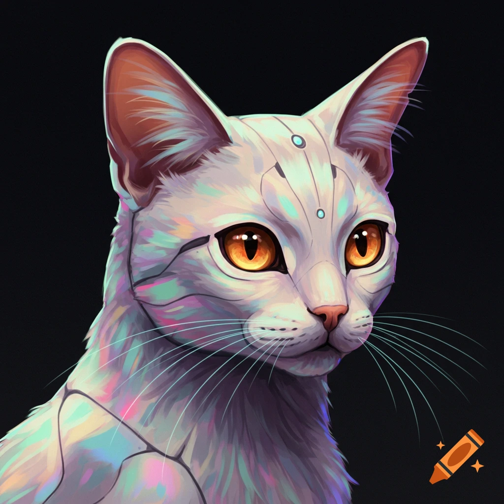 A white cybernetic cat with orange eyes.