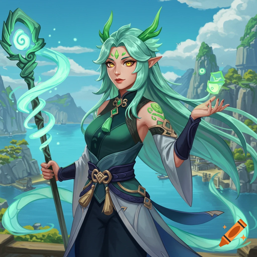 A fantasy character, a woman with green hair and horns, holding a staff and conjuring magic in a mountain landscape.
