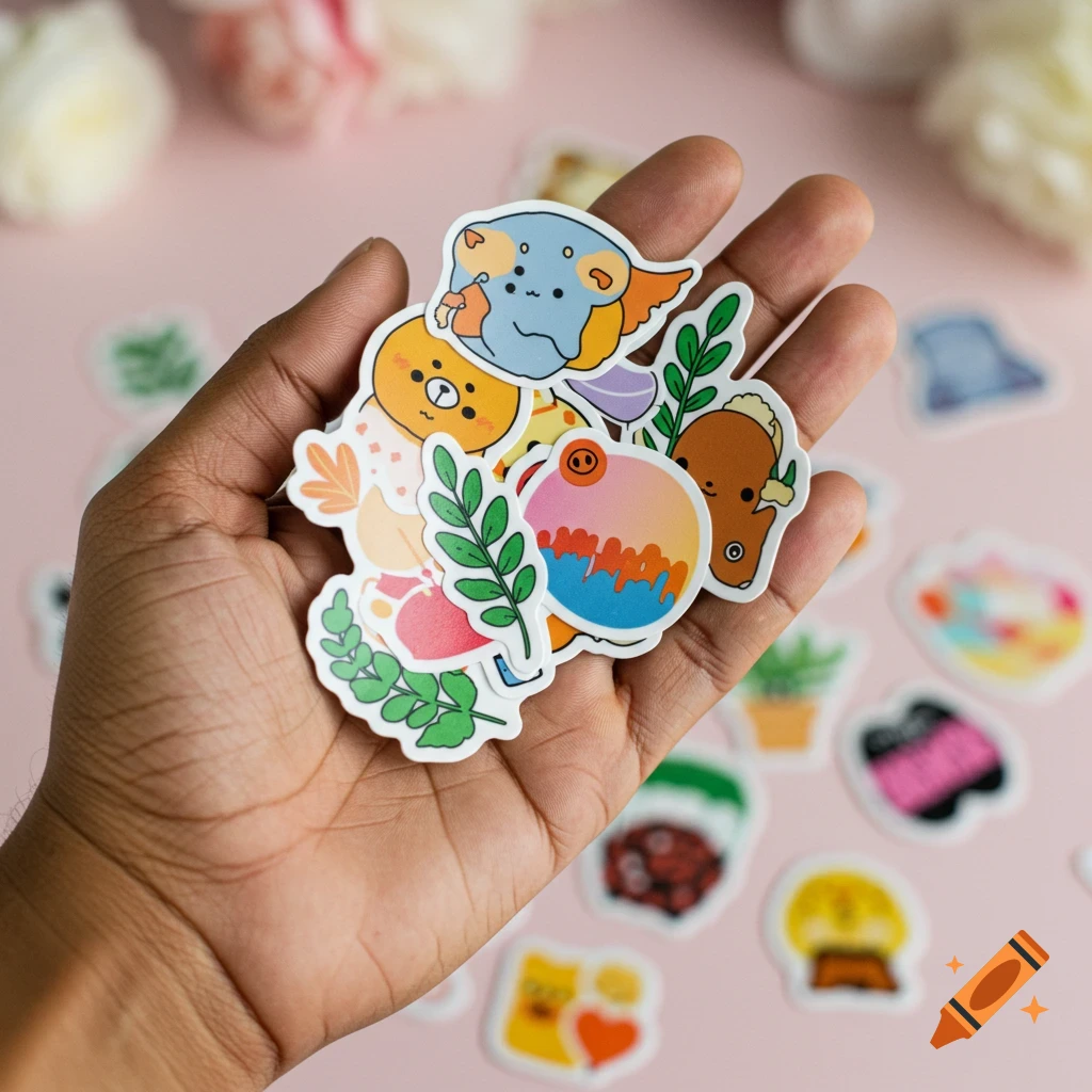 Photo of a hand holding several colorful cartoon die-cut stickers.