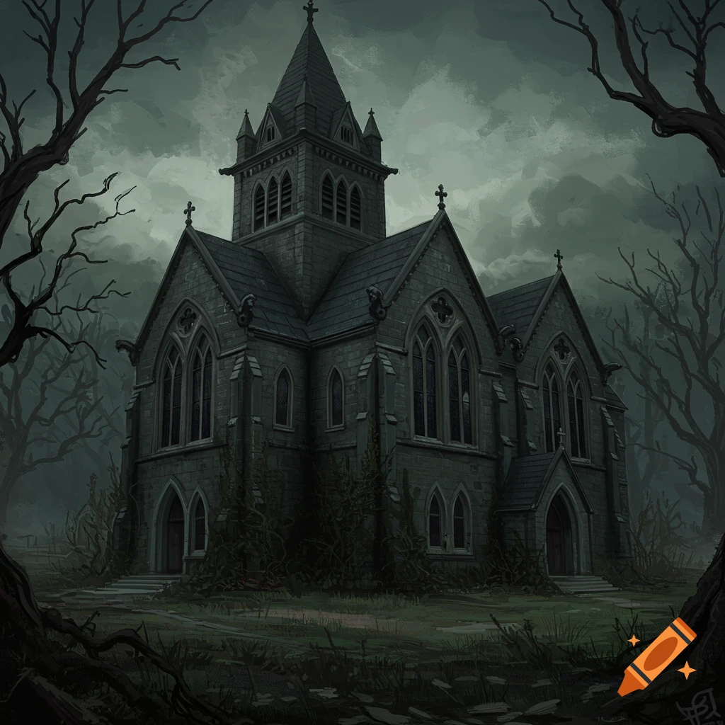 Dark gothic church surrounded by bare trees under a stormy sky.