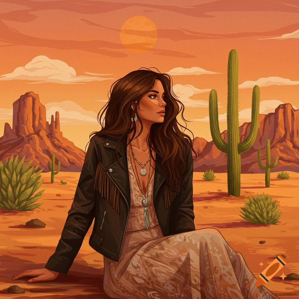 A woman in a fringed jacket and dress sits in a desert with mountains and cacti.