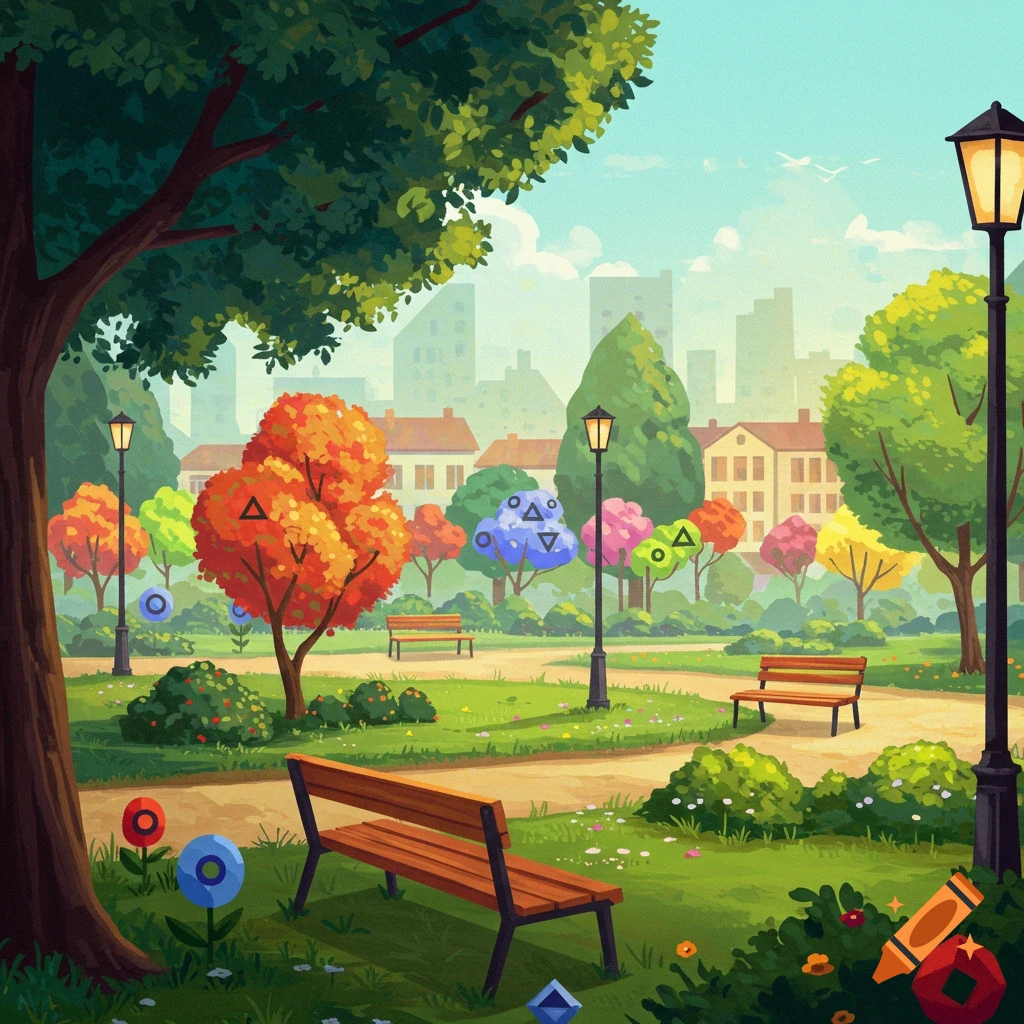 A park scene with benches, trees, and geometric shapes integrated into the foliage and flowers.