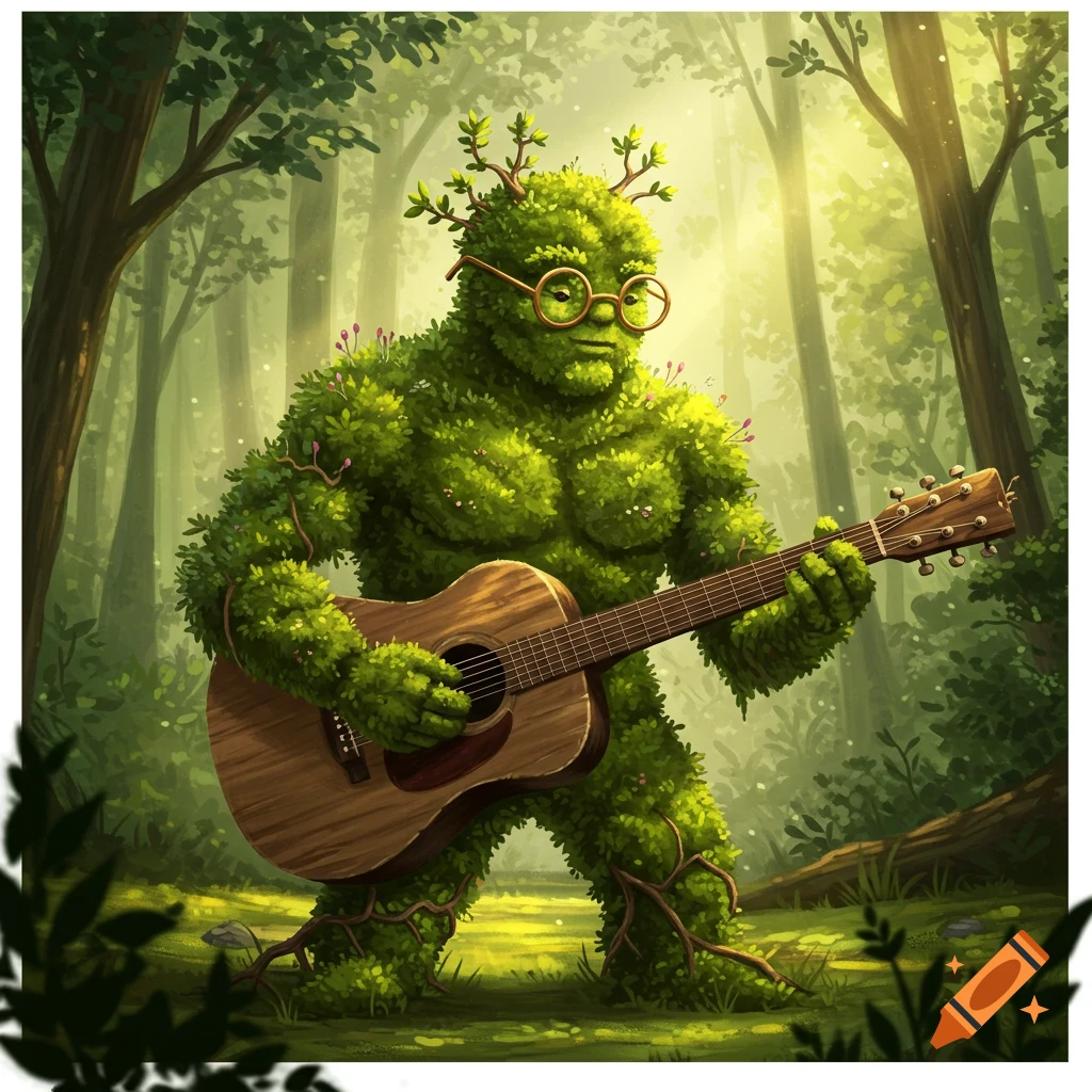 A moss creature wearing glasses plays an acoustic guitar in a sunny forest.