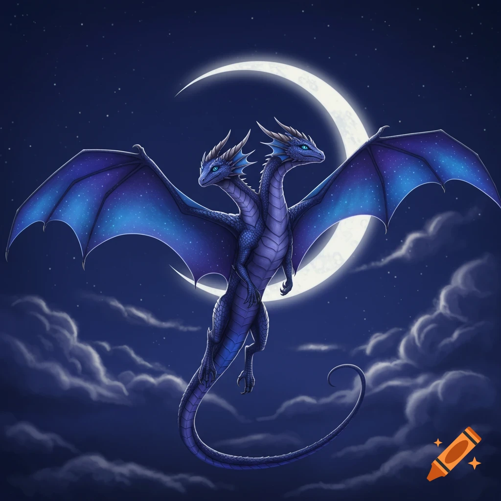 A two-headed blue dragon flies in a night sky with a crescent moon and clouds.