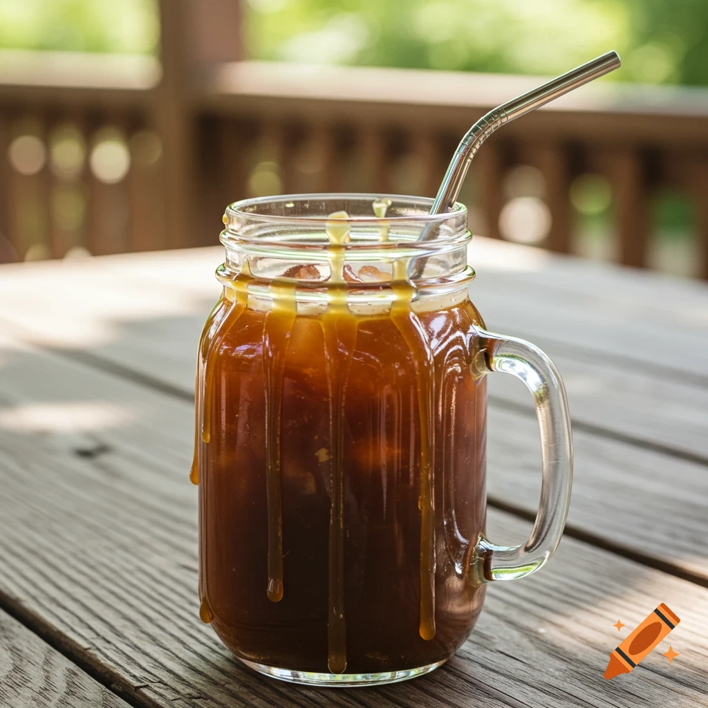 Iced caramel coffee in a mason jar with a straw on an outdoor wooden table, with caramel drizzling down the side.
