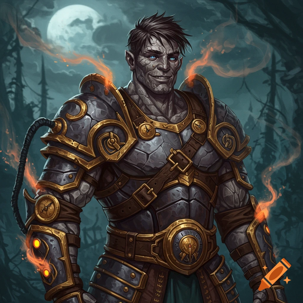 A fantasy character with rock skin and clockwork armor stands in a forest under a moon.