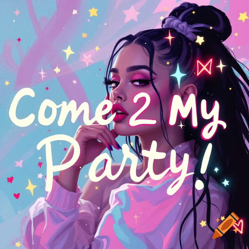 Stylized portrait of a woman with bright makeup, text 'Come 2 My Party!', and a colorful, sparkly background.