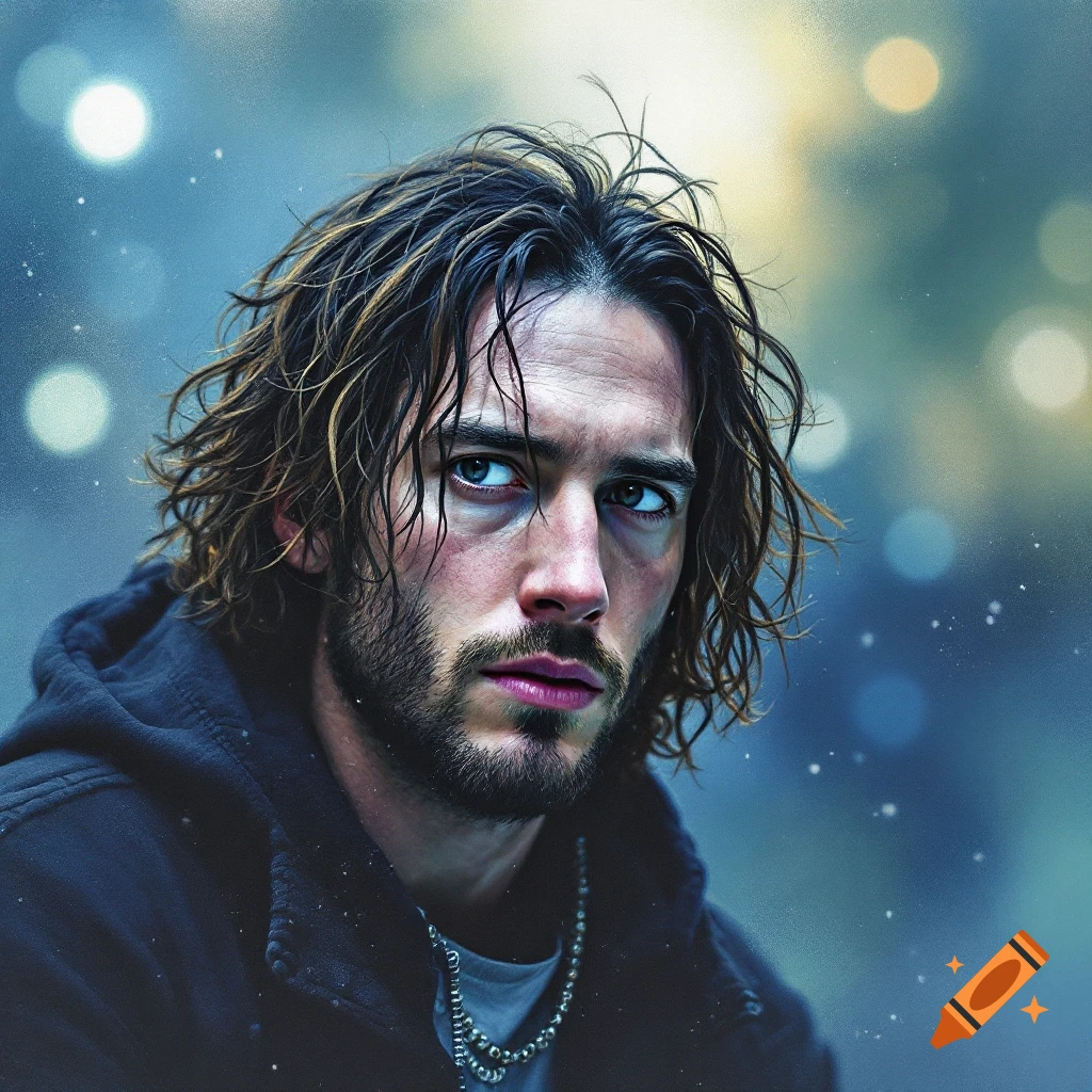 A realistic digital portrait of a man with messy hair and beard looking upwards.