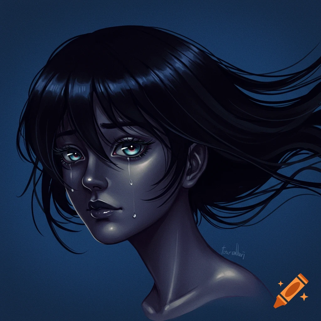 A crying anime girl with dark hair on a blue background