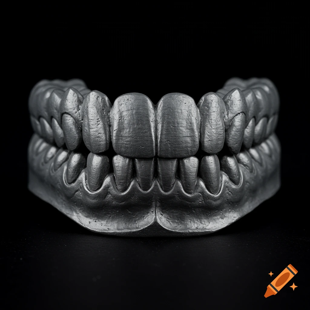 Close-up photo of a model of upper and lower teeth made of textured dark metal.