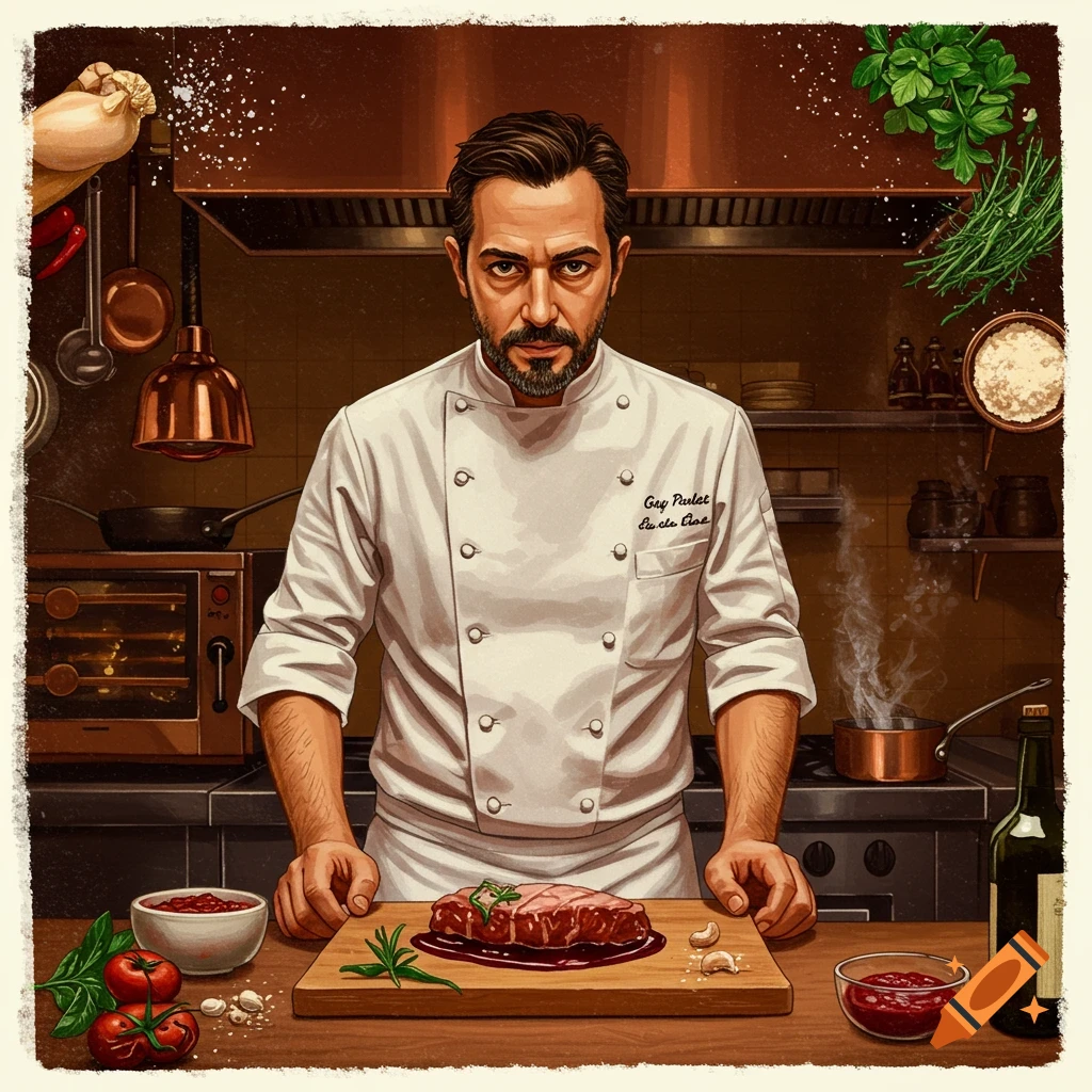 A male chef is in a kitchen standing over meat on a cutting board.