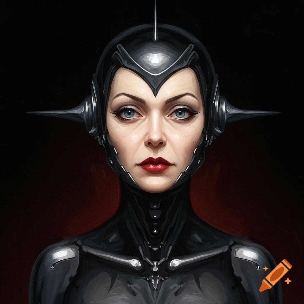 A woman in a futuristic black helmet and suit